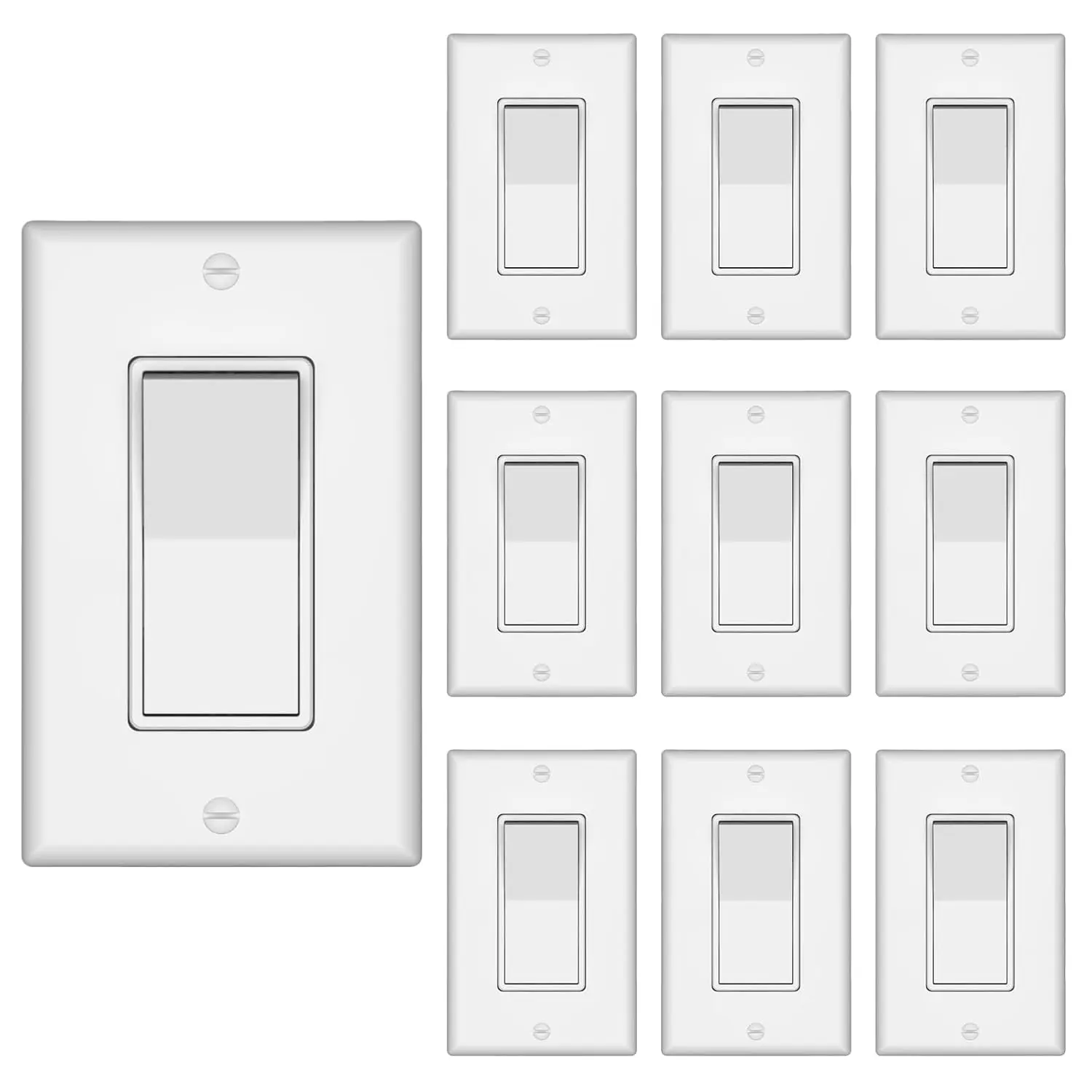 10-Pack Residential Grade Gloss White Decorative Single Pole Light Switch with Wallplate, 15A Rating, 120V/277V On/Off Paddle Switch, UL Listed for Indoor Use
