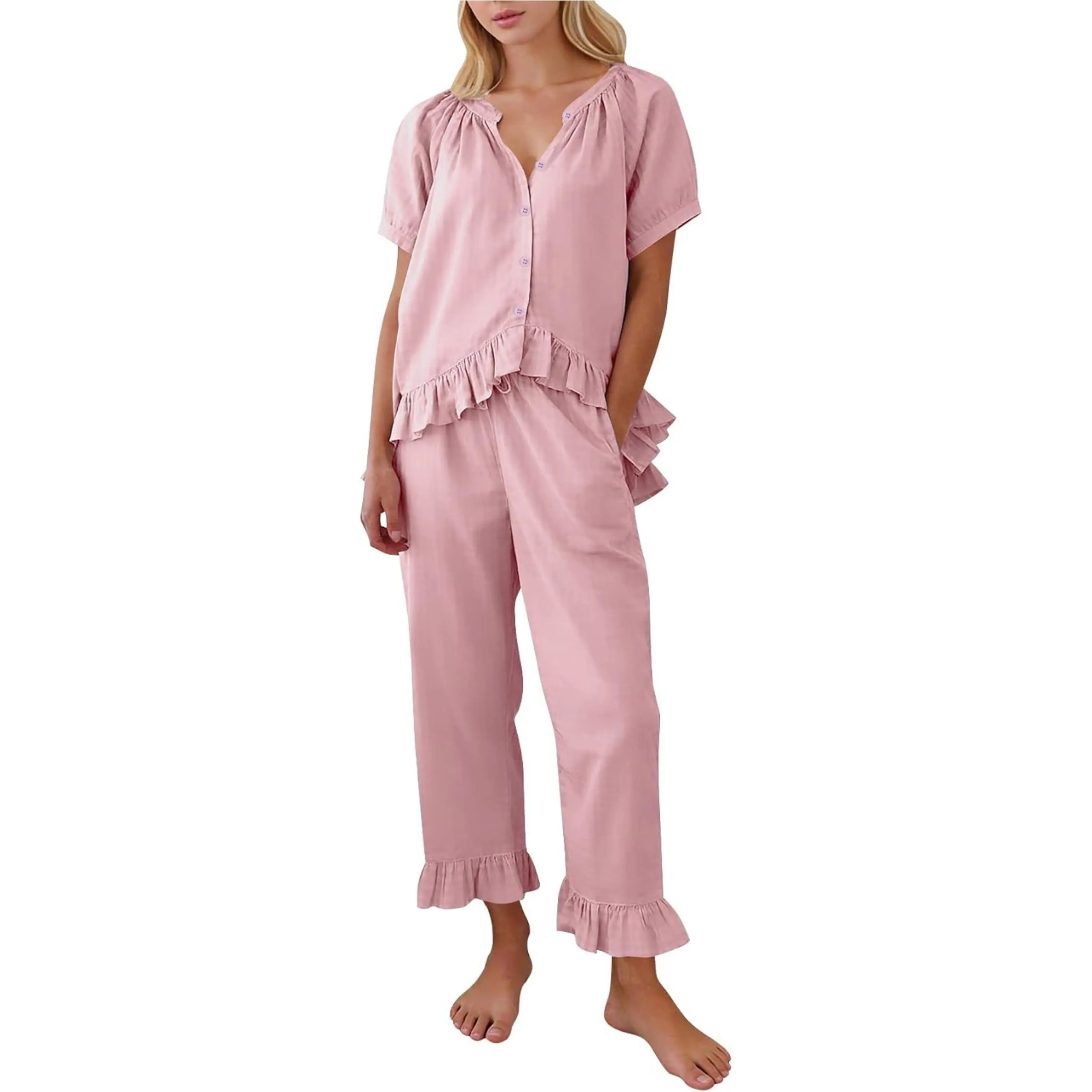 Women's 2-Piece Cotton Pyjamas Set - Cute Button-Down Puff Sleeve Babydoll Shirt, Ruffle Pants, Casual Sleepwear Loungewear for Sleep & Relaxation (Shortsleeve Option Available) summervibes☀️