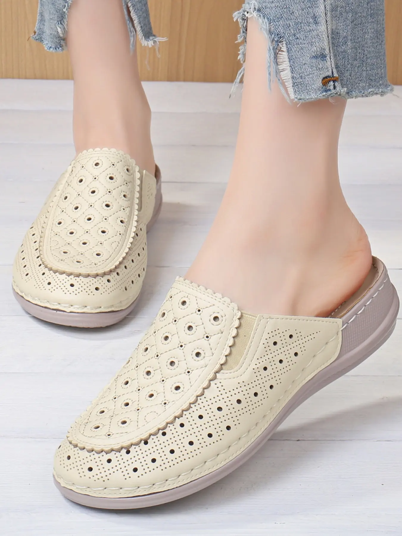 Women's PU Slip-On Mules, Hand-Stitched Floral Edges, Eyelet Elastic Design, Lightweight Comfortable Work Travel Shoes