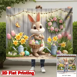 2D flat-banners-1pc Cute White Rabbit with Basket of Easter Eggs Theme design-Perfect for home decor, parties, studios, home and garden, outdoor celebrations