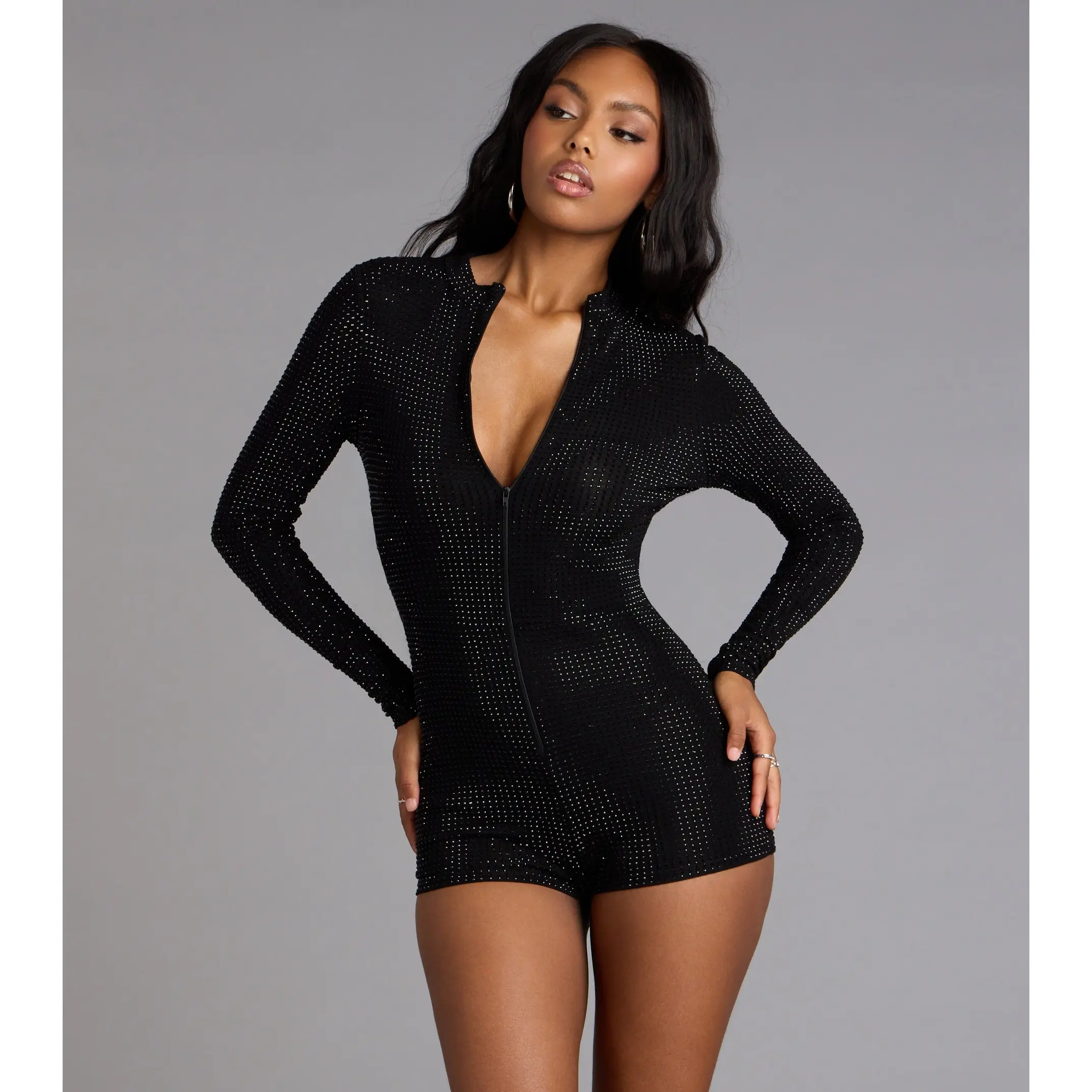 Sultry Sparkle Rhinestone Zip-Up Romper