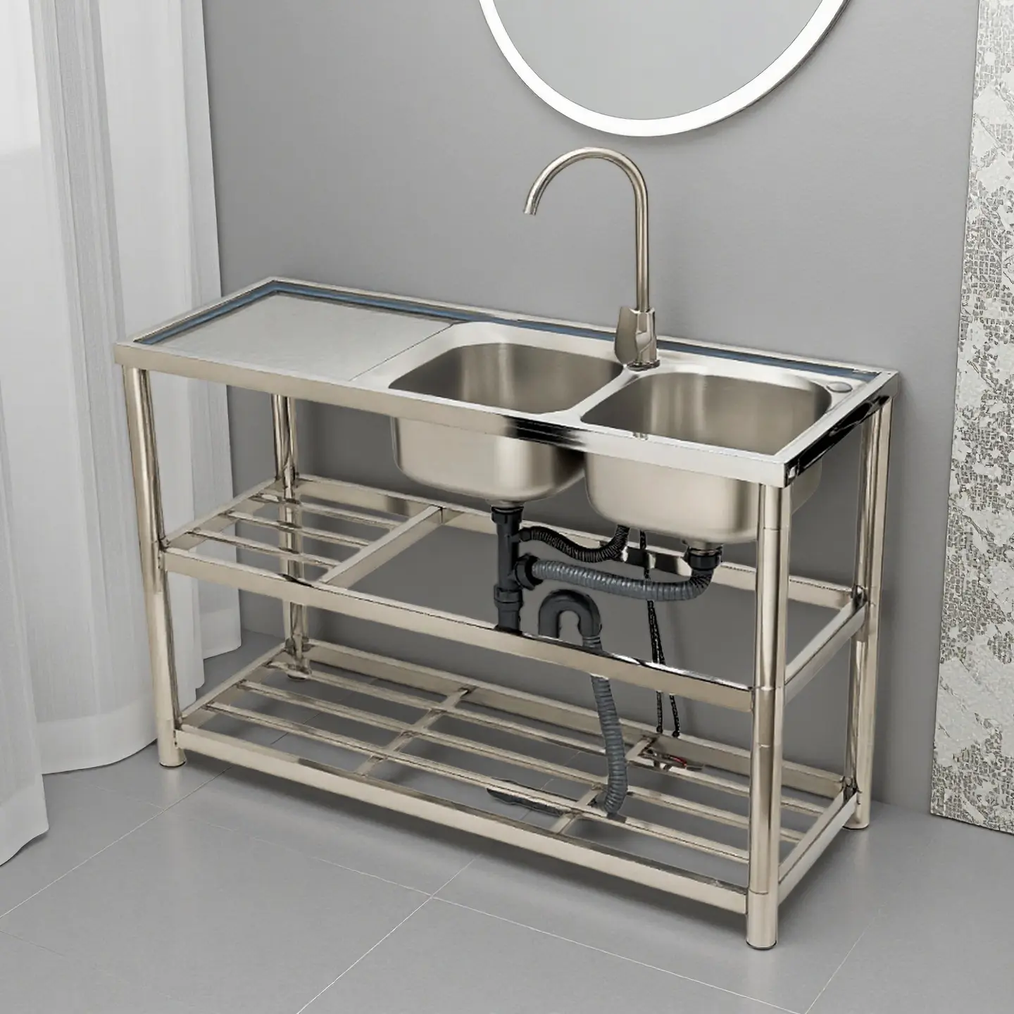 CNCEST Commercial Dual-Compartment Stainless Steel Kitchen Sink Unit Station, Freestanding Undermount Rectangle Metallic Basin Set with Hot-Cold Water Plumbing, Faucet, 2 Shelves, 330LBS Capacity, Classic-Modern Kitchen Counter Organizer for Restaurant