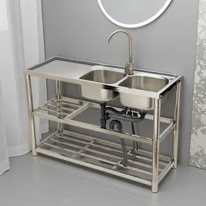 CNCEST 2-Compartment Commercial Sink Stainless Steel Utility Sink with Hot and Cold Water Plumbing Kitchen Sink with Faucet Double Basin Undermount 330LBS Capacity Two Shelves Freestanding for Restaurant Garage Shop Outdoor