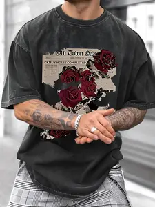Men's Rose Floral Newspaper Print T-Shirt, Summer Loose Fit Casual Fashion Short Sleeve Round Neck, Comfortable Versatile Men's Clothing