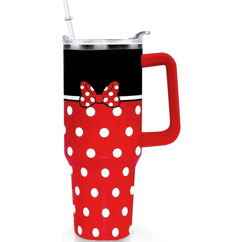 [gift straw & box]  40 Oz Skinny Stainless Steel Insulated Tumbler - Classic Stylish Reusable Coffee Cup with Printed Cartoon Mouse Design, Lid, Straw, Handle, Bowknot, Portable Beverage Bottle for Birthday, Christmas Gifts, Bottles