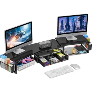 Desk Organizers and Accessories, Dual  Stand Riser with Drawer and 2 Pen Holder, Shelf for Top of Desk, Black