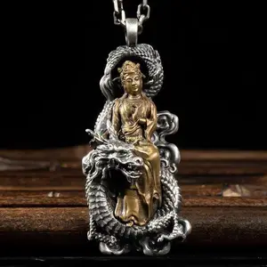 Men's Retro Dragon Guanyin Pendant, 990 Copper Buddhist Amulet Necklace, Vintage Silver Plated Kwan Yin Dragon Guardian Jewelry, Lucky Protection Pendant 66mm*26.6mm