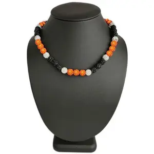 Iced Bling Disco Ball Rhinestone Crystal Bead Baseball Necklace Orange Black