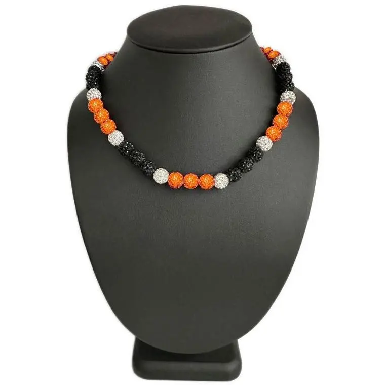 Iced Bling Disco Ball Rhinestone Crystal Bead Baseball Necklace Orange Black