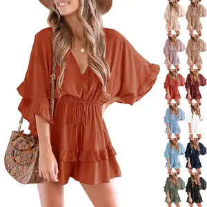 Goranbon Womens V Neck Beach Romper Ruffle Layered Drawstring Waisted Shorts Jumpsuit