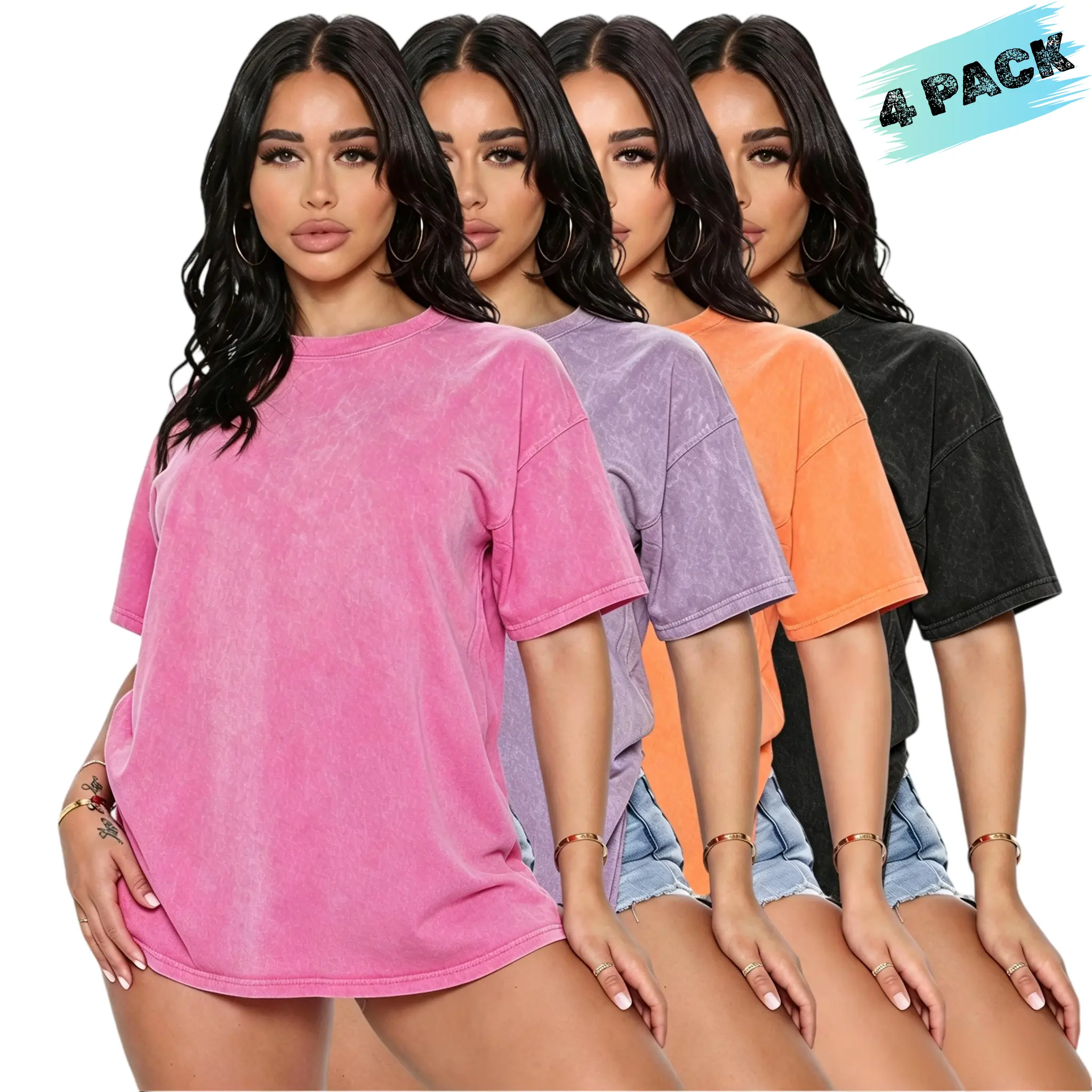 Women’s 4-pack loose solid-color short-sleeve T-shirts, distressed wash, versatile crew neck casual tops suitable for everyday outings and outdoor sports.,clothes for back to school,first day of school outfits，cotton tee shirt