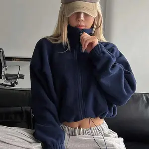 Women's Plain Drawstring Drop Shoulder Zip Up Crop Jacket, Casual Long Sleeve High Neck Outerwear for Fall & Winter, Ladies Clothes for Daily Wear