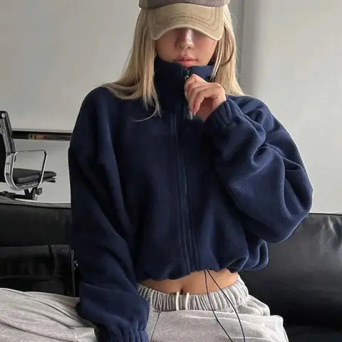Women's Plain Drawstring Drop Shoulder Zip Up Crop Jacket, Casual Long Sleeve High Neck Outerwear for Fall & Winter, Ladies Clothes for Daily Wear