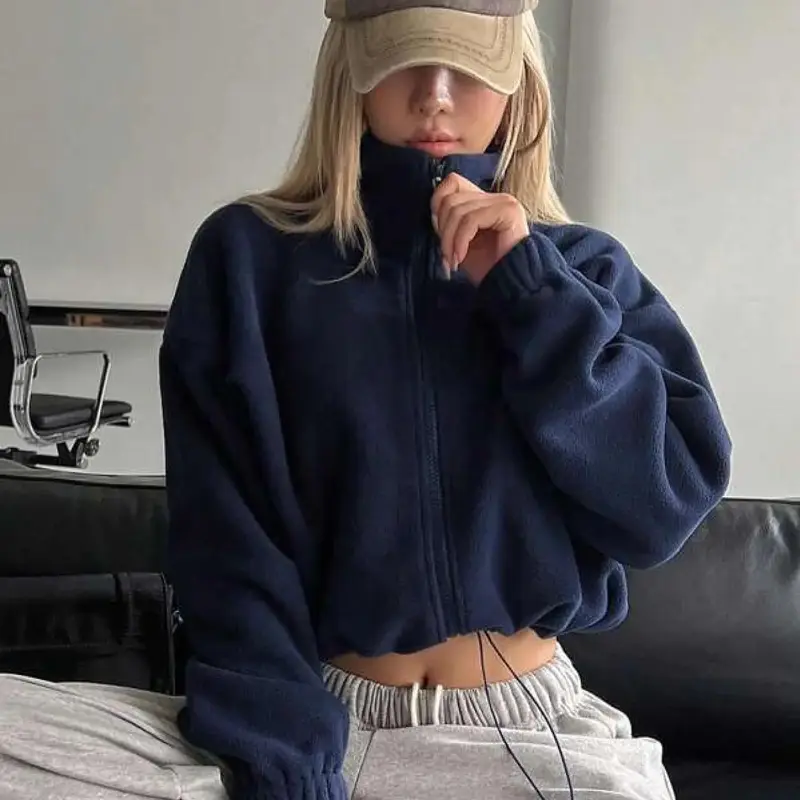 Women's Plain Drawstring Drop Shoulder Zip Up Crop Jacket, Casual Long Sleeve High Neck Outerwear for Fall & Winter, Ladies Clothes for Daily Wear