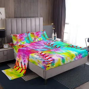Baseball Luxury Bedding Set,Softball Sports Game Bed Sheet Set,Girly Colorful Tie Dye Fitted Sheet,Baseball Gaming Rainbow Bedding Sheet