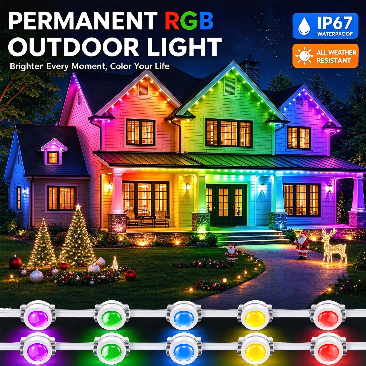 Yocrostar RGB Permanent Outdoor Lights - App/IR Remote Control, Color Changing, Music Sync, DIY Scenes, Christmas Decorations, Aesthetic Home Decor, Home Decor Items for Outdoor Lighting Festive Parties (LED Outdoor Lamp)
