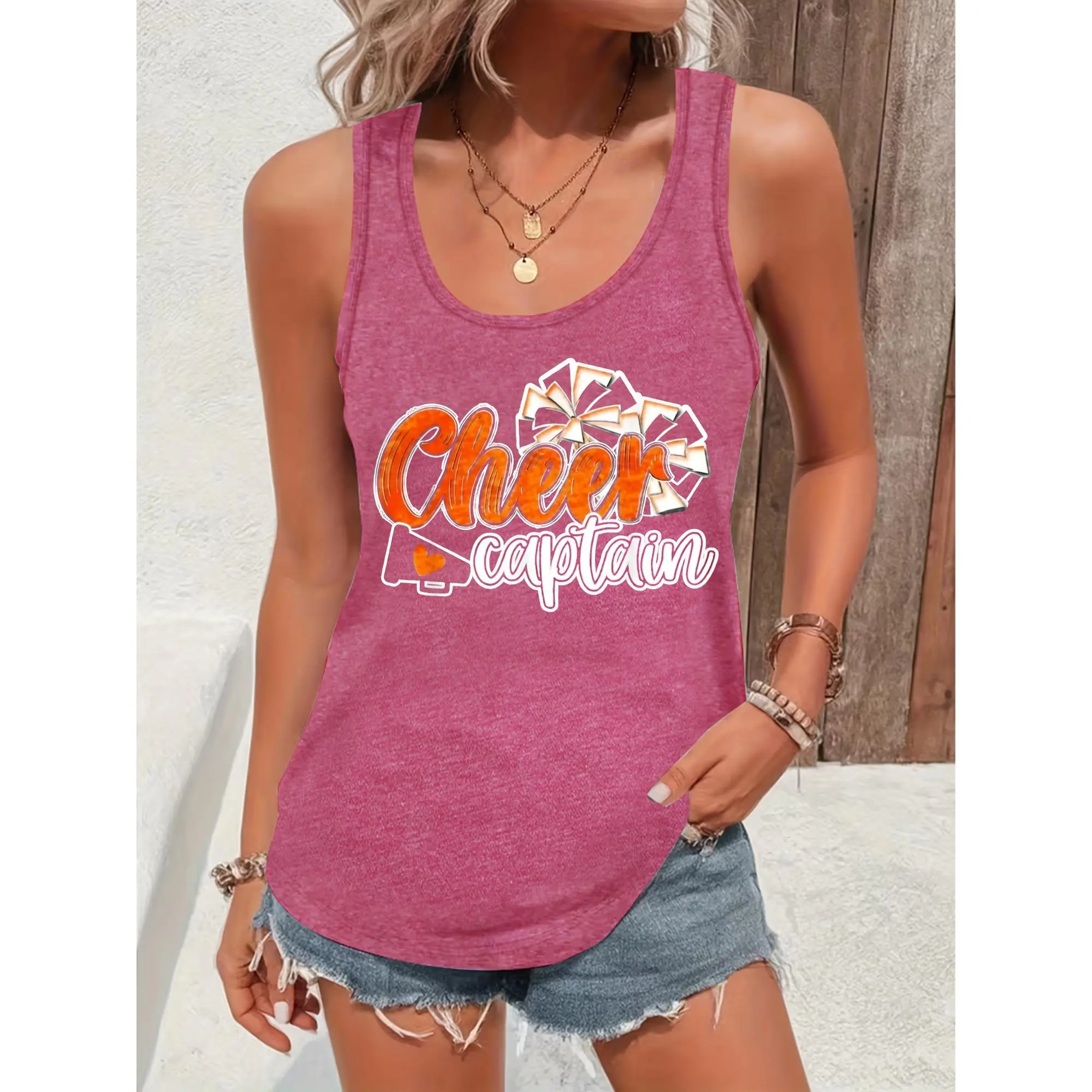 Women's Soft Polyester-Spandex Cheer Captain Tank Top - Cheerleader Style, Glitter Graphic, Athletic Sleeveless, Round Neck, Lightweight, Machine Washable for Cheerleading Season, Squad Events (Orange), Cheerleader Style Women's Tanks & Camis, Glitter Gra