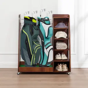 Golf Bag Organizer	Premium Wooden 2-Bag Capacity	Sturdy Scratch-Resistant Brown	Garage Shed Basement Car Golf Club Storage Rack