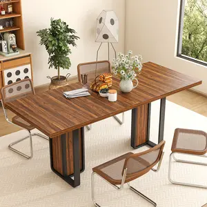 71 inch Farmhouse Dining Table for 6-8 with Large Rectangular Waterproof Wood Top & Foot Pad Brown Kitchen & Dining Room Table