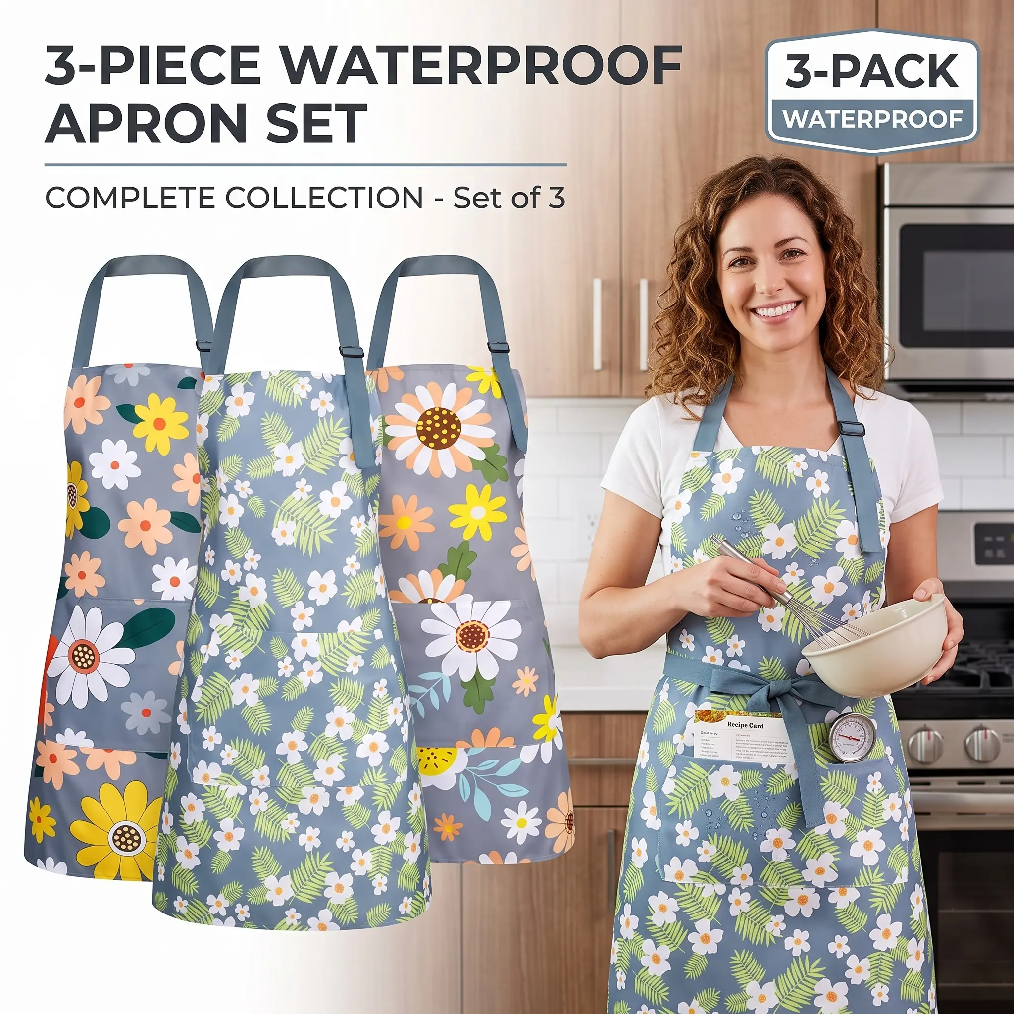 Women's 3-Piece Cotton Blend Cooking Aprons - Unique Vintage Floral Different Patterns, Household Kitchen Use, Comfortable, Waterproof Adjustable Neck Strap, Wipe-Clean, Pocketed, Gardening, Mother’s Day Gift