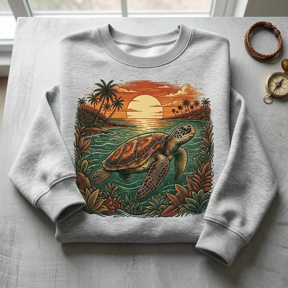 Women's Polyester Fitted Casual Longsleeves Retro Graphic Round Neck Sea Turtle Sunset Sweatshirt - Vintage Beach Lover Crewneck Tropical Ocean Pullover Clothes #497, Hand Wash, Digital Print, Premium Print, Hoodie, Pullover Top, Heavy Blend, All Seasons