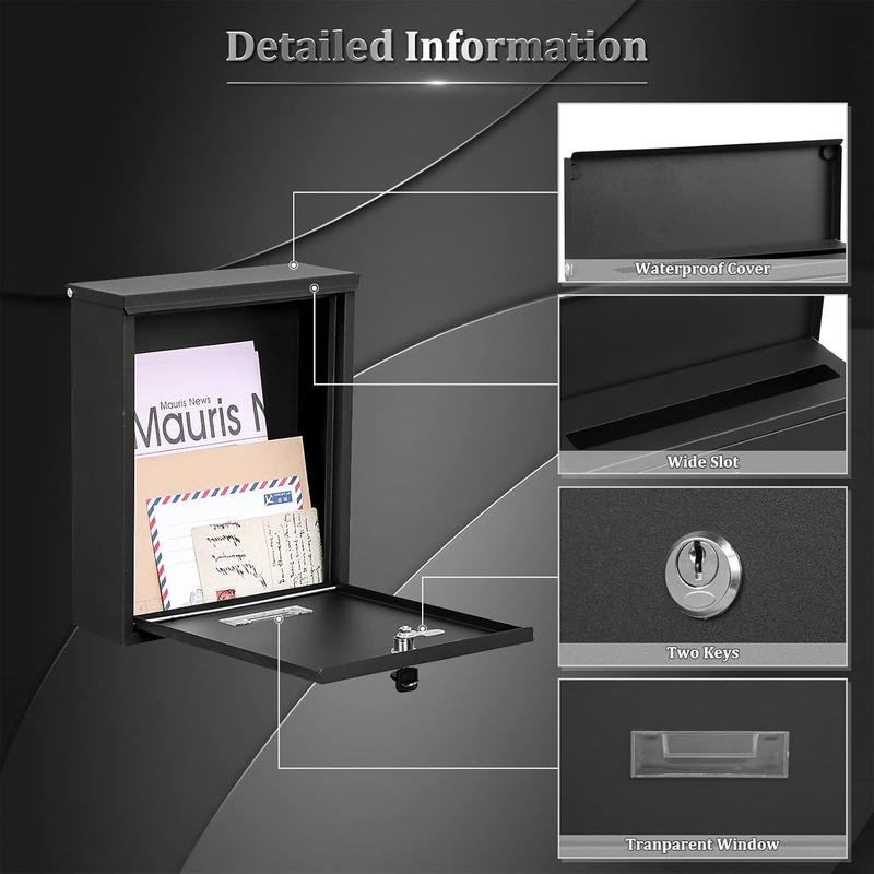 Locking Mailbox Wall Mount, Wall Mounted Mailbox with Key Lock, Large Drop Box with Galvanized Steel Cover, Rust-Proof Metal  Box, Black, 10.2 x 3.7 x 12.6