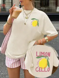 Women's Lemon & Letter Print Round Neck Tee, Casual Short Sleeve T-shirt for Summer, Ladies Clothes for Daily Wear, Casual Everyday Wear, Casual Fashion Top