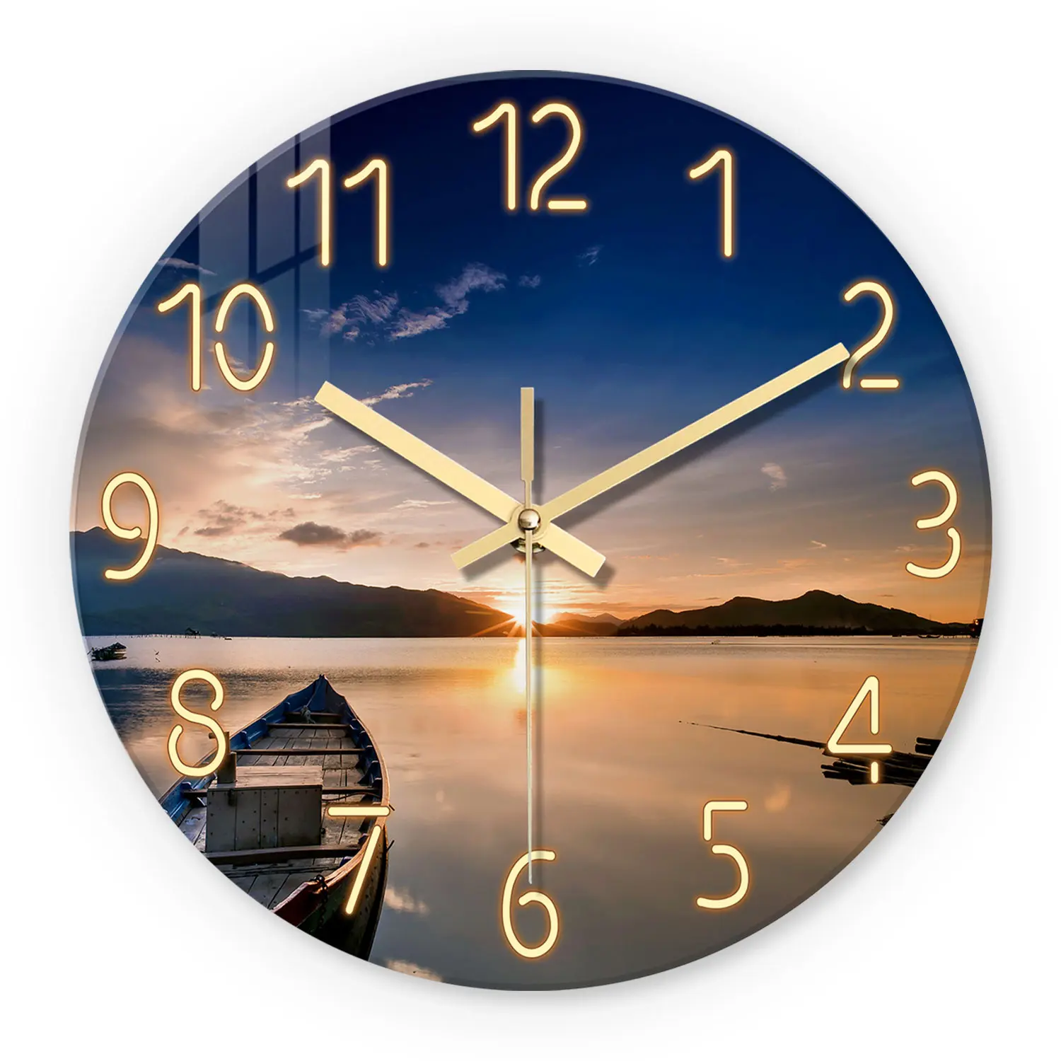 ConstantPlanet modern sunset-pattern glass clock, silent with no dripping sound, powered by AA batteries, 2D flat design, suitable for living rooms, bedrooms, home and office decor as a wall clock, Christmas and housewarming holiday gift, available in 12–