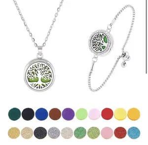 2pcs Aroma Jewelry  Essential Oil Diffuser Bracelet Necklace Set Tree of Life Stainless Steel Aromatherapy Locket Jewelry with 20 Color Refill Pads Gift for Women Mom
