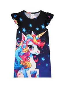 Cute Unicorn Print Dress for Girls, Summer Travel, Round Neck and Short Sleeve Design, Daily Wear