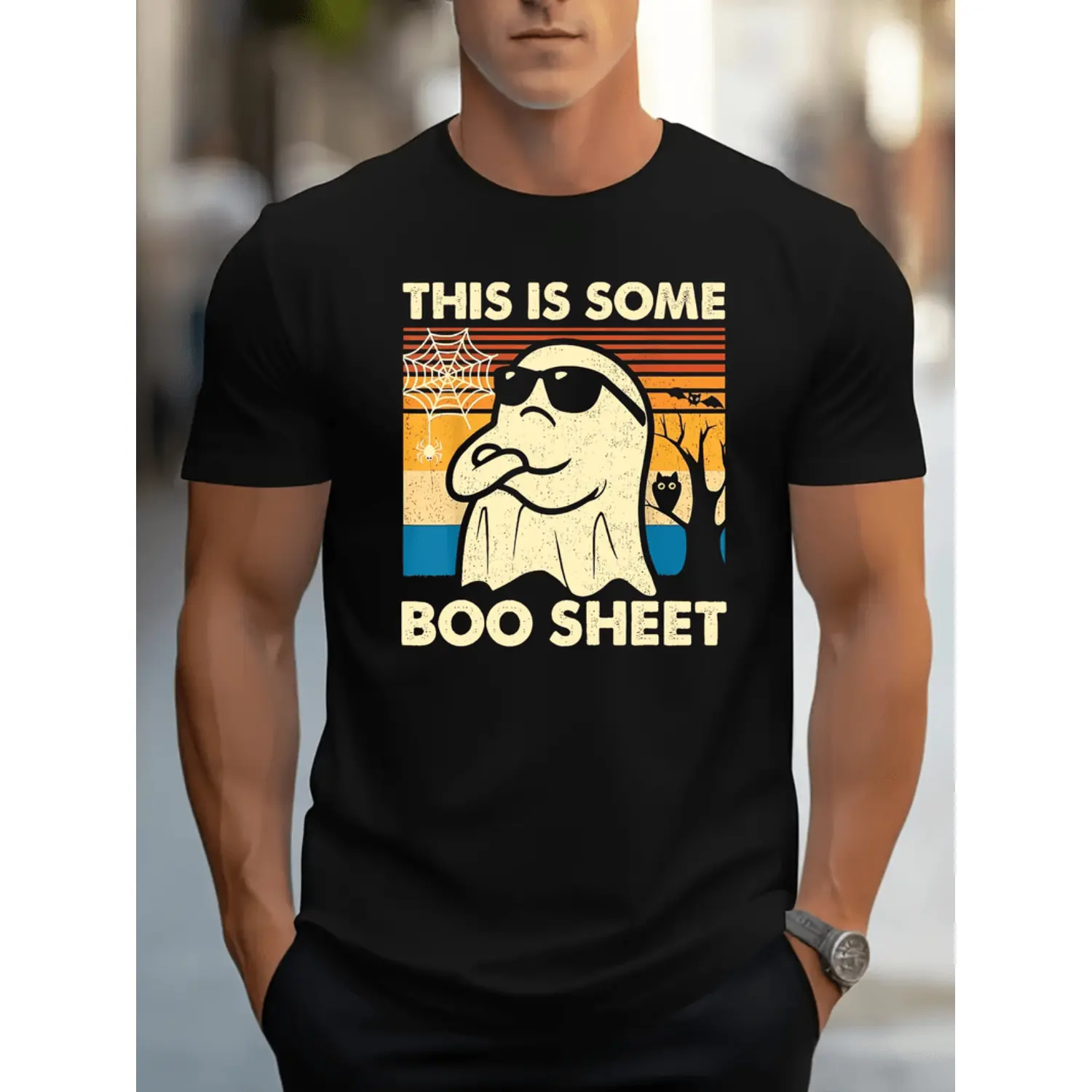 Men's Halloween Graphic Tshirt - Funny "Boo Sheet" Soft Cotton Blend Tee, Casual Relaxed Fit Short Sleeve Crewneck Menswear Top, Fabric