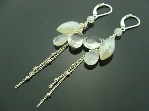 Long Rainbow Moonstone White Pearl Chalcedony Crystal Quartz Dangle Earrings · 925 Sterling Silver · Leverback · Gift for Her