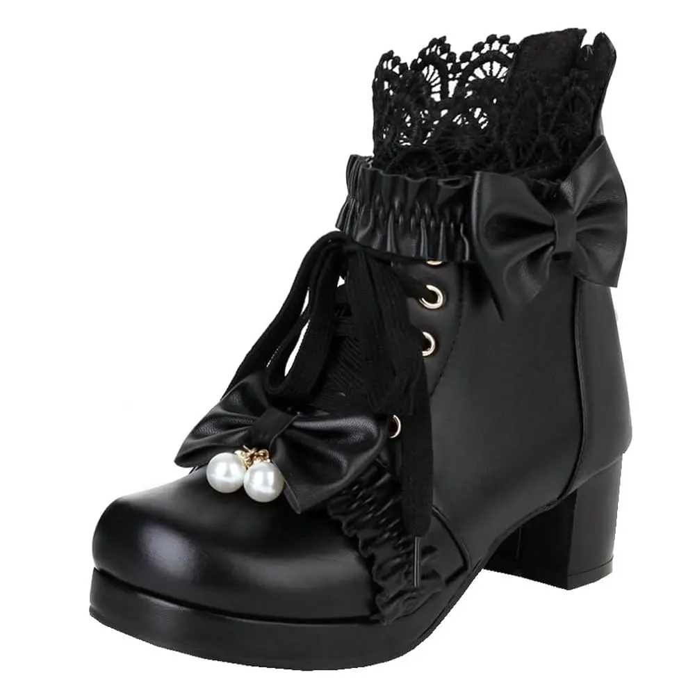Women's Gothic Lolita Platform Ankle Boots - Lace-Up Block Heel Shoes with Bow, Pearls, Lace Trim, Comfortable for Party, Casual Wear, Statement Shoes, Ankle Length
