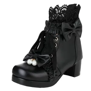 Women's Gothic Lolita Ankle Boots - Lace-Up Platform Footwear with Bow and Pearl Decorations, Stylish Women's Shoe