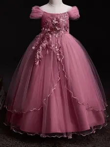 Girl's Floral Embroidery Big Bow Decor Tulle Dress, Summer Clothes, Dresses Summer, Elegant Cap Sleeve Square Neck Long Dress for Party Wedding Guest