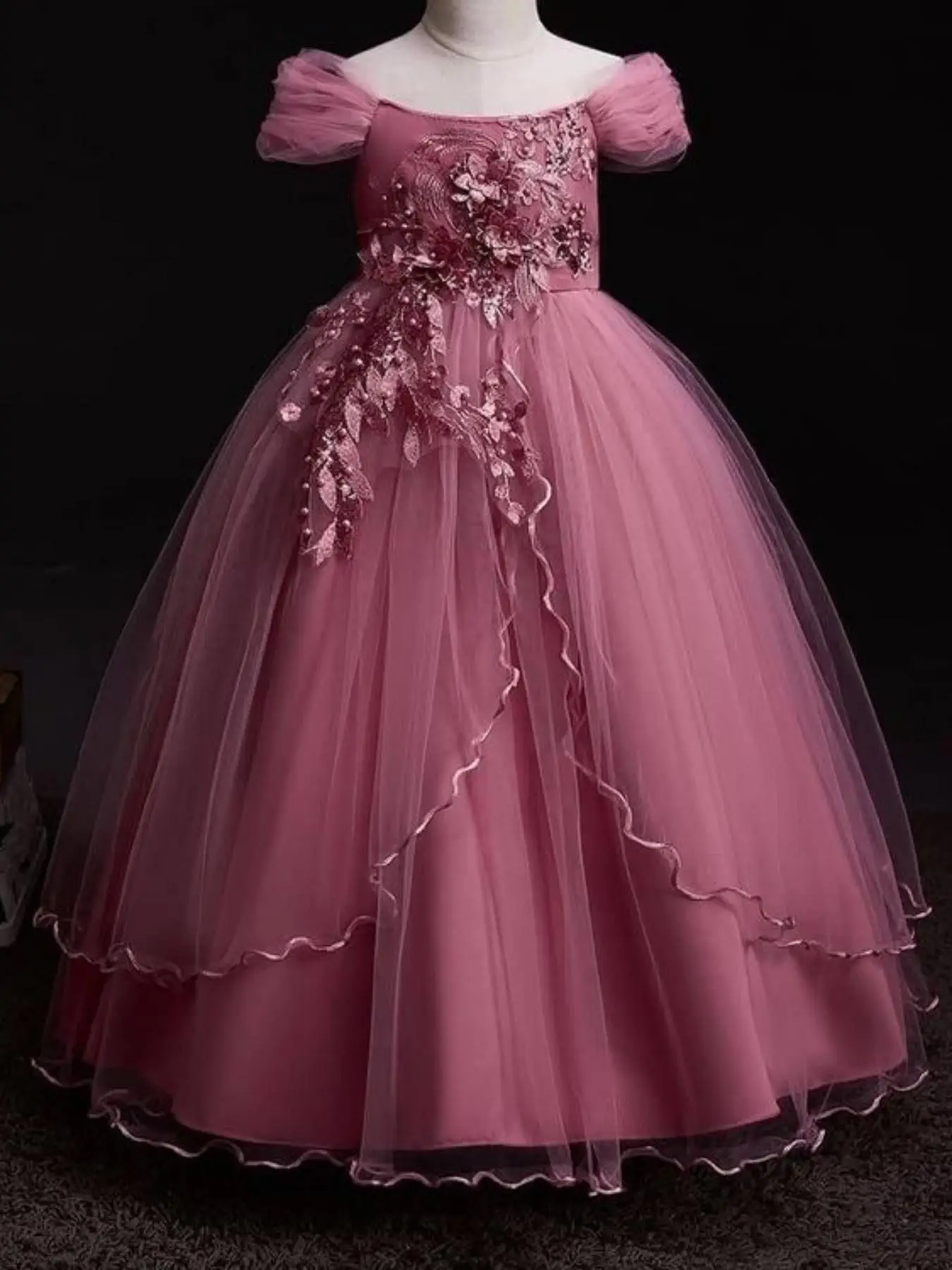 Girl's Floral Embroidery Big Bow Decor Tulle Dress, Summer Clothes, Dresses Summer, Elegant Cap Sleeve Square Neck Long Dress for Party Wedding Guest