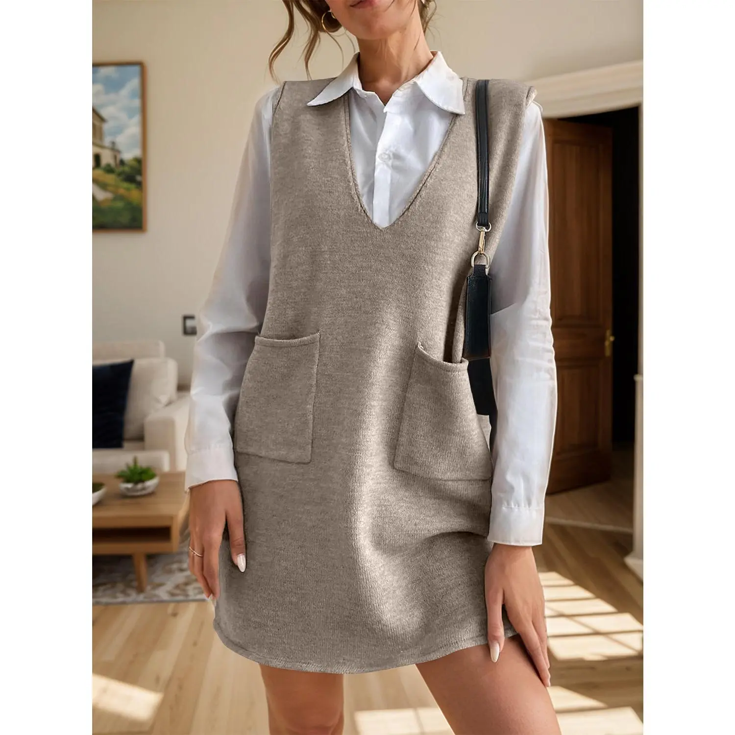 V-Neck Sleeveless Sweater Dress with Pockets