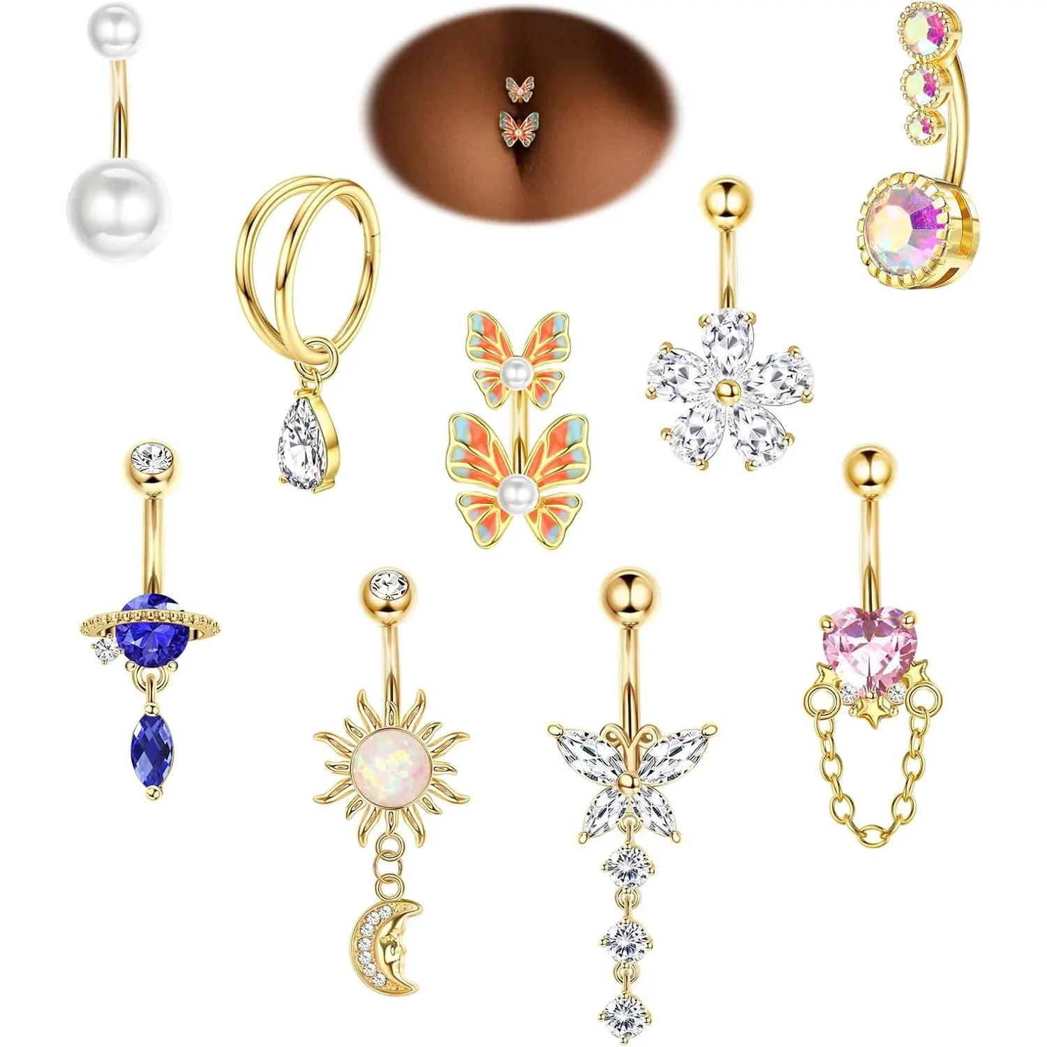 Women's 9Pcs 14G Hypoallergenic Surgical Stainless Steel Belly Button Ring Set - Cute Butterfly, Floral, Heart Double Hoop Dangle Navel Rings for Daily Wear, Belly Button Rings