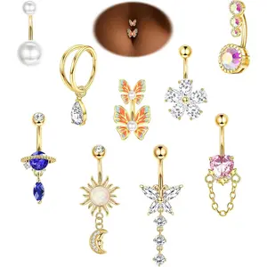 Women's 9Pcs 14G Hypoallergenic Surgical Stainless Steel Belly Button Ring Set - Cute Butterfly, Floral, Heart Double Hoop Dangle Navel Rings for Daily Wear, Belly Button Rings