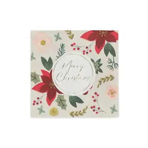 Merry Christmas Floral Cocktail Napkins / 50 Poinsettia Napkins / Gold Foil Holiday Design / Company Christmas Party Supplies