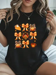 100% Cotton Coquette Bow Pumpkin Pie Turkey Thanksgiving Autumn Fall T-Shirt