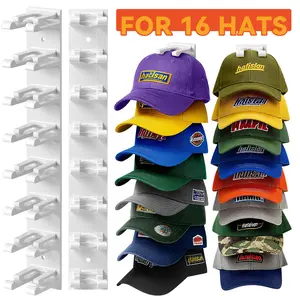 Hat Rack 2 Pack for 16 Cap , No Damage Wall & Door Mount Hat Holder, Strong Adhesive or Screw Install, Space Saving Closet Organizer for Baseball Caps