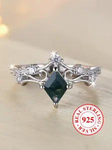 Vintage Seaweed Agate Ring S925 Sterling Silver Rings for Women, Unique Rings, Statement Rings, Teardrop Bridal Rings, Bridal Engagement Ring, Perfect Gift for Birthdays & Anniversaries (with box)