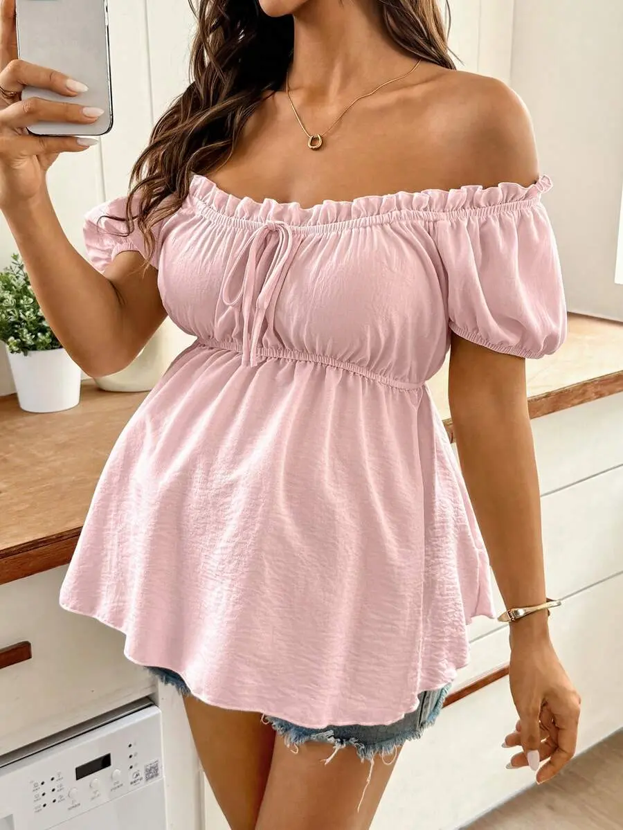 Stride x Pink Elegant Maternity Baby Shower Top Summer Pregnant Women Off-Shoulder Solid Ruffle Short Petal Sleeve Peplum Blouse Cute Casual Babydoll Tops