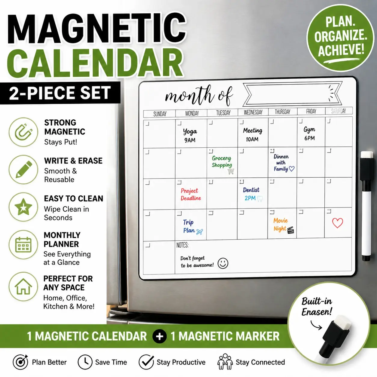 Magnetic Fridge Calendar Set (1 Magnetic Calendar + 1 Magnetic Marker) – Reusable, Easy to Clean, Weekly & Monthly Time Planner, Ideal for Home & Office Use, Weekly Dated Planner, Meal Planner For Fridge