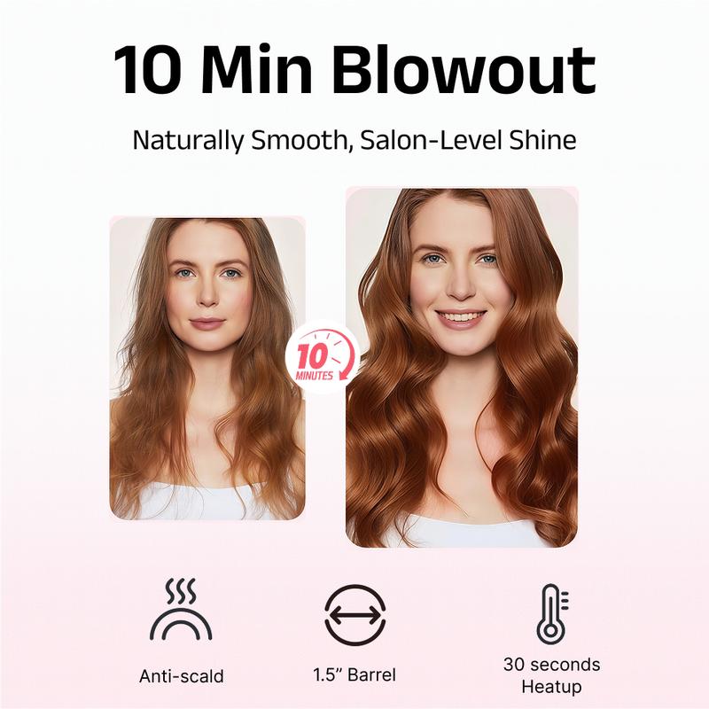 Thermal Brush, Blowout Boost 1.5 inch Heated Round Brush Look with  LED Display, Auto Lock,Dual Voltage, Pink, Less Damage,  Hair Heated Curler Brush,Negative Ions Single,hairstyling,long-lasting wave,prime salon-quality curl,hair curler tools Compact Vir