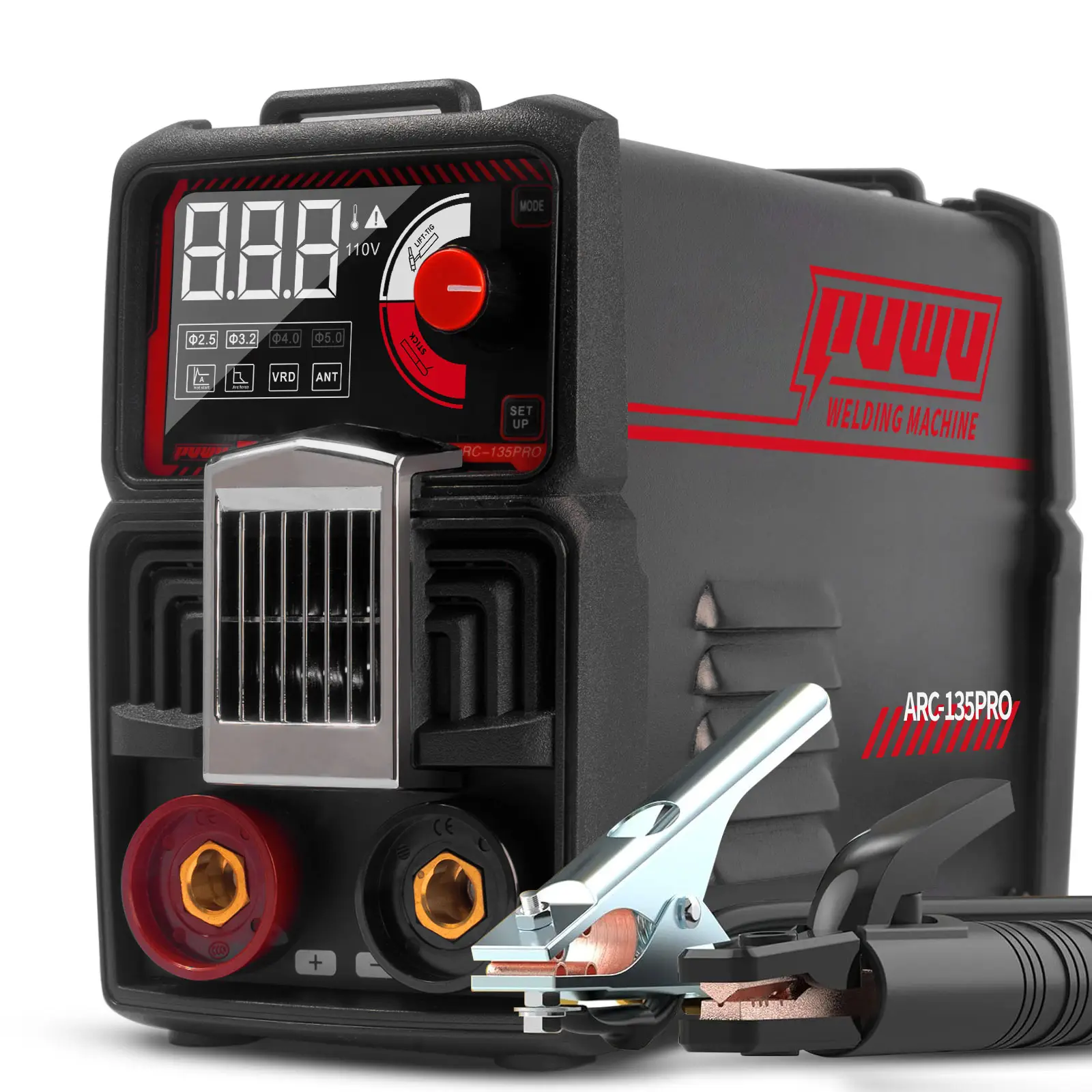Puwu 110V 135A Rod Welder Digital Welder with Overheat Protection, Electrodes, Digital Screen, Quick Connectors, and Hot Start - Mini MMA Arc Welder