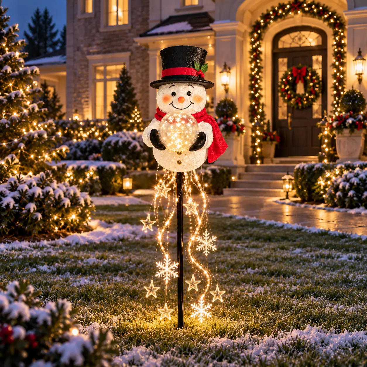 Solar Christmas Decorations Outdoor Snowman Yard Stake Lights, Waterproof LED Pathway Garden Lamp, Festive Lighted Snowman Holding Crystal Ball with Star Snowflake Waterfall String Lights for Holiday Party Yard Patio Decor 2026