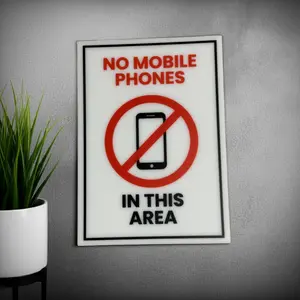 No Mobile Phones In This Area Sign, 5x7 inch Acrylic Signs, Choose from 30 Warning and Policies, Each Sign Comes With Double Sided Tape for Easy Displaying. (Design 26)