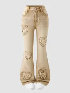 Girls Vintage Star Embroidery Wide Leg Jeans, Retro Mud Wash Denim Jeans, Contrast Stitching Baggy Trousers, Y2K Streetwear for Kids & Teens, Star Embroidered Jeans